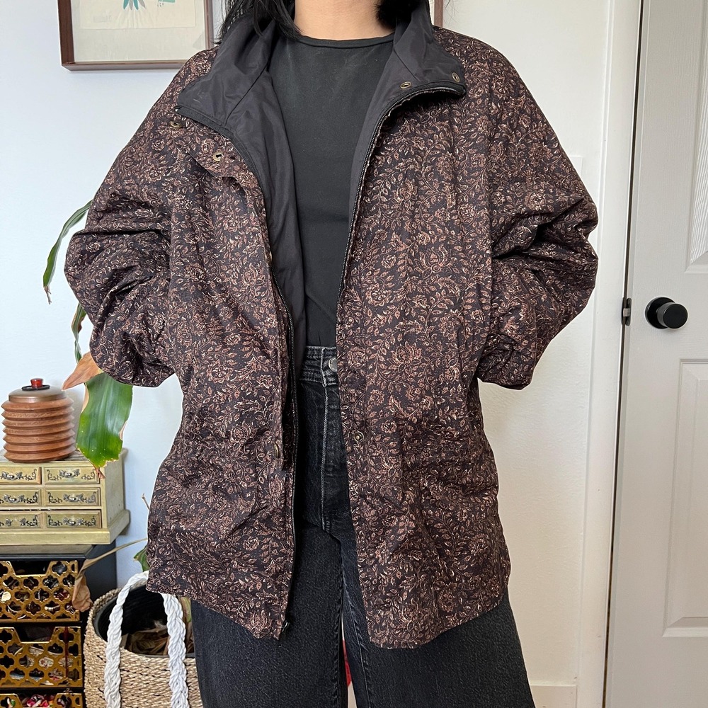 Vintage 90s Floral Windbreaker Jacket Brown Coated Shell Mock Neck Coat Large